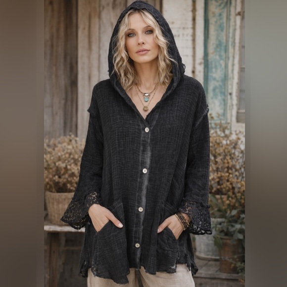 Jaded Gypsy Jackets & Blazers - JADED GYPSY ELYSIA BLACK MINERAL WASH LACE TRIM HOODED JACKET SZ L/XL